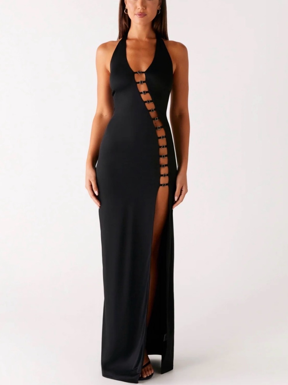 Sleek Black Halter Maxi Dress with Side Placket